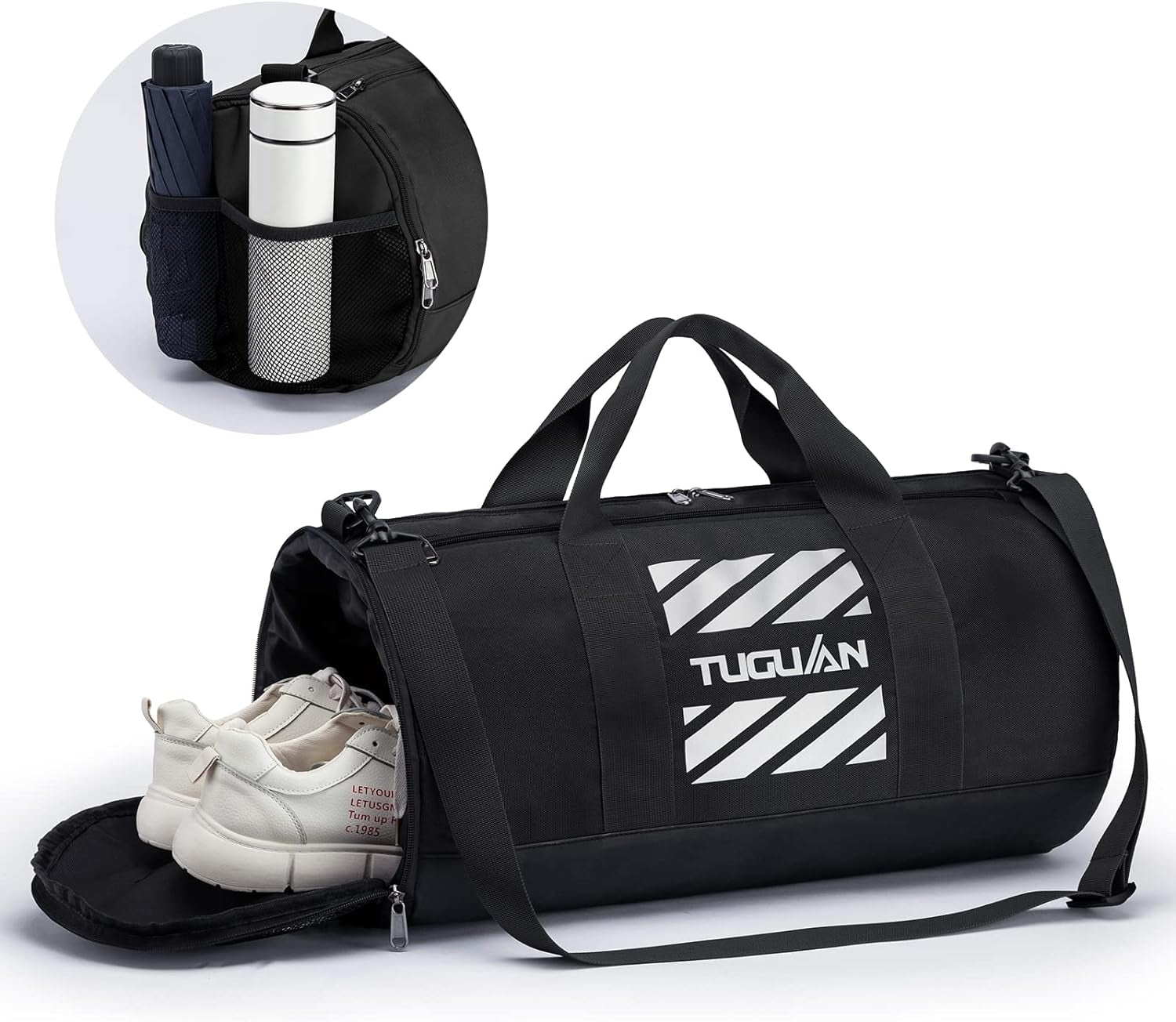 Black 45L Waterproof Gym Duffel Bag – Small Sports Travel Bag with Shoe Compartment & Wet Pocket for Men & Women
